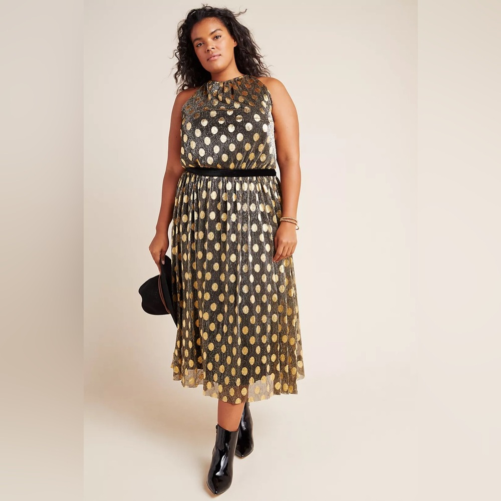 Anthropologie Metallic Polka Dot Midi Dress 3X Velvet Belt Party Holiday